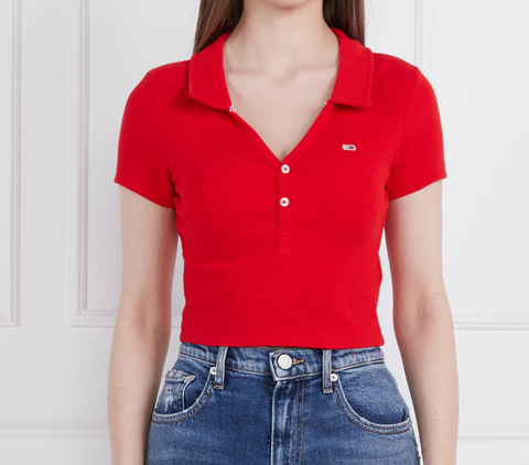 Tommy Jeans Damen Essential V-Neck Poloshirt bauchfrei rot