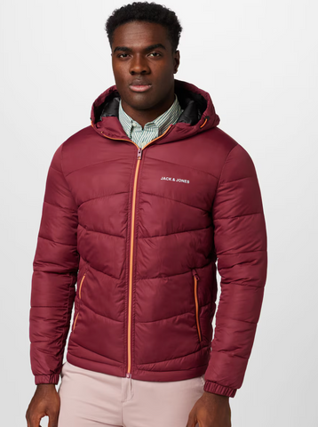 Jack & Jones Herren Globus Puffer Jacket Jacke Zip Kapuze rot